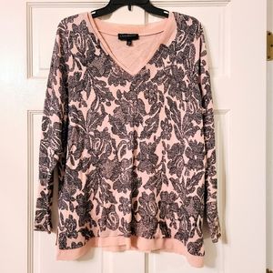 Lane Bryant V-Neck Black Floral Over Blush Pink Long Sleeve Knit Top Size 18/20